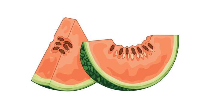 Fresh slices of red watermelon featuring black seeds and a green rind shown as a wedge and a piece with a bite taken out.