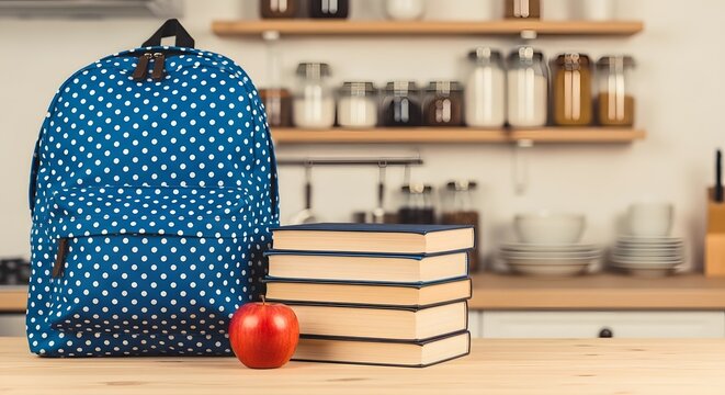 Back to school supplies on kitchen counter