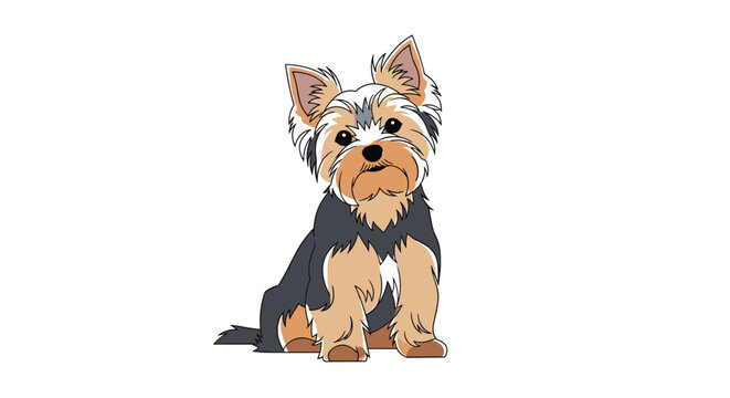 Cute small Yorkshire Terrier dog with long fur sitting and looking straight ahead on a clean white background.