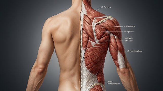Anatomical illustration of human back muscles and shoulder with human body muscle anatomy medical illustration latissimus dorsi rotator cuff human health body structure muscular system