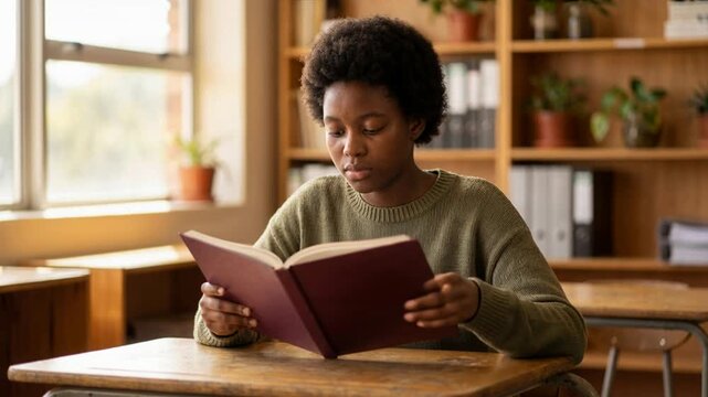 Young black student reading a book in a classroom, handheld camera