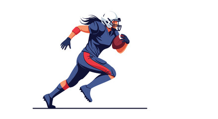 Fototapeta premium Dynamic illustration of a female american football player in a blue uniform and white helmet running fast with the ball in her hands.