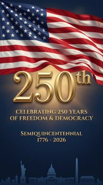 American flag with golden 250th anniversary text for the independence day celebration concept.