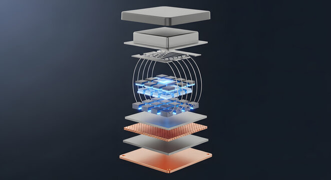 Exploded 3D view of gallium nitride power module showing internal layers