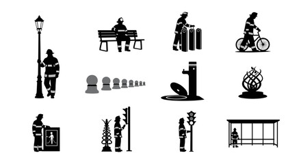 Obraz premium Urban Street Furniture and City Life Silhouettes