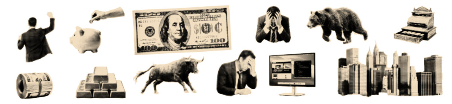 Money halftone cut outs set. Mix media design collage elements.