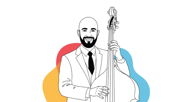 Smiling bald man wearing a professional suit and tie while playing a double bass against a colorful background.