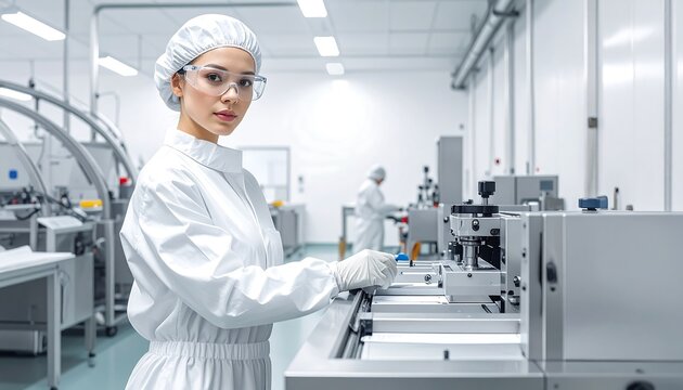Female worker in white lab coat operating industrial machine in cleanroom environment with safety gear ai generative