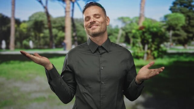 Man with palms up shrug and relaxed smile standing amid trees and grass in forest park; contentment ease.