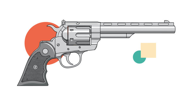 Detailed illustration of a classic silver revolver handgun with a textured grip shown against colorful geometric shapes.