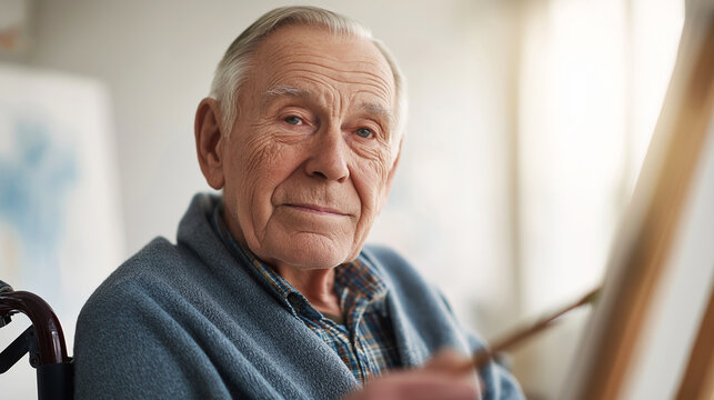 Elderly man actively pursuing artistic passion, holding a paintbrush while creating artwork, finding joy in painting