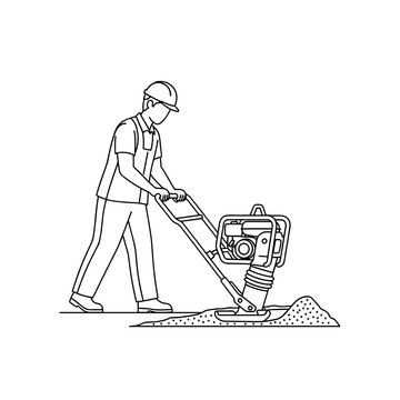 Construction worker using tamping rammer for soil compaction