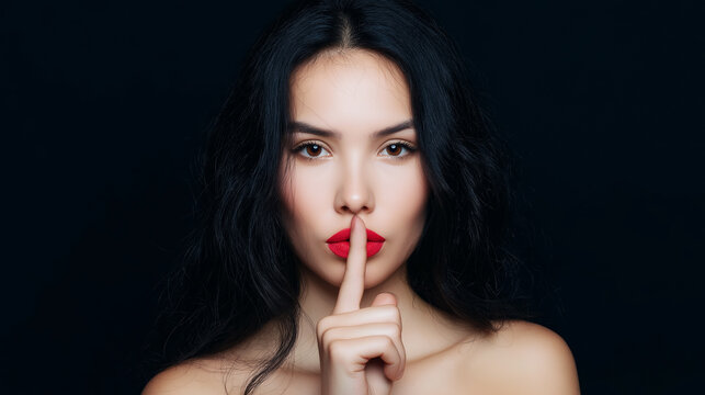 Woman with dark hair and red lips making a silence gesture. Asking for quiet or keeping a secret on a dark background
