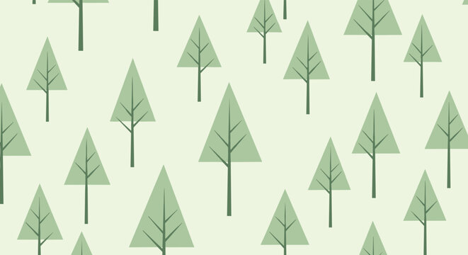 Seamless pattern featuring rows of simple stylized green pine trees of varying sizes on a pale light green background.