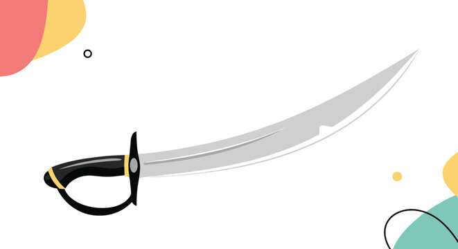 Elegant curved scimitar sword with a black handle and golden accents shown against a minimalist abstract background.