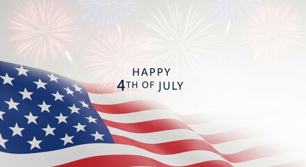 Obraz premium Waving American flag with fireworks and text 