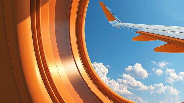 View from inside the airplane looking out through bright orange curved cabin window to airplane wing and fluffy clouds under clear sky