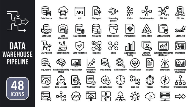 Data Warehouse Pipeline Icon Set with ETL Cloud Database Analytics and Business Intelligence Workflow Vector Illustration