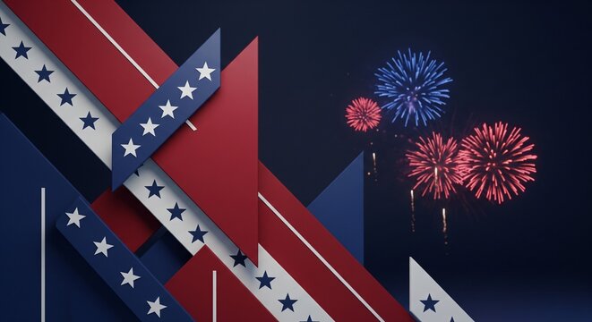 Abstract patriotic background with red white and blue geometric shapes and stars overlaying a dark background with fireworks exploding in the night sky celebrating independence day