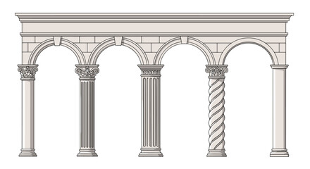 Fototapeta premium Row of five classical stone columns with different designs supporting a large horizontal architectural beam above.