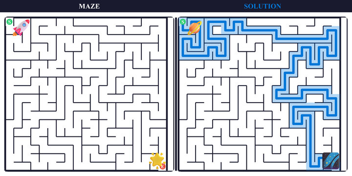 Space Maze puzzle for kids with rocket and planet. Educational labyrinth game with solution. Finding the right path concept