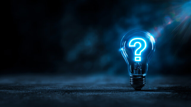 Light bulb glowing blue, containing question mark, symbolizing concept of queries, uncertainty, innovation, and discovery