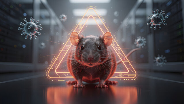 Rodent transmitting hantavirus highlighted in digital warning triangle