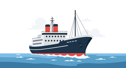 Obraz premium Vintage Cruise Ship Sailing on Blue Ocean, Retro Passenger Liner, Maritime Travel