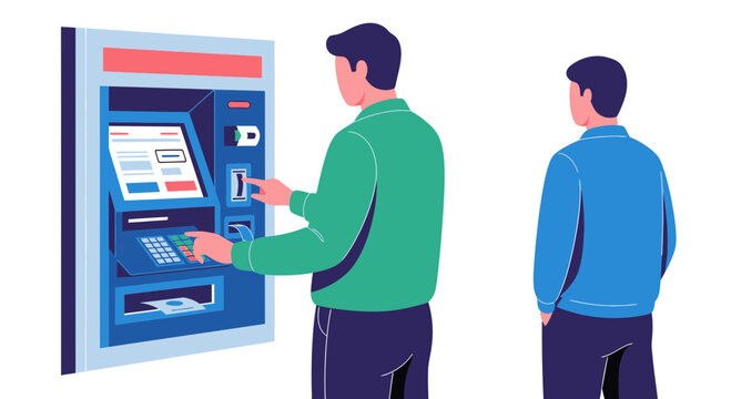 Man Using ATM, Another Person Waiting - Financial Transaction Illustration
