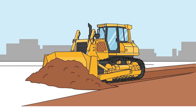 Yellow bulldozer pushing dirt on construction site, urban background