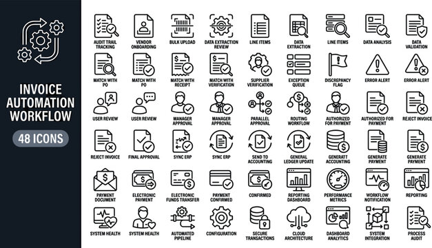 Invoice Automation Workflow Icon Set with Data Extraction Approval Matching Payment and Accounting Processing Vector Illustration
