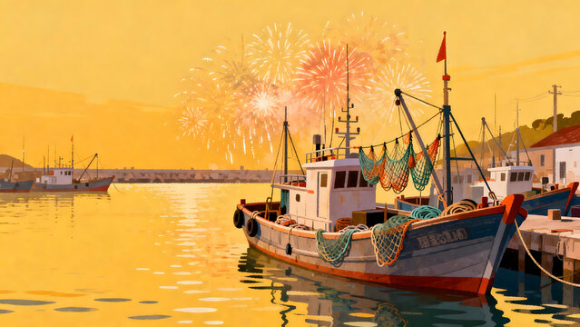 Fishing boats docked at harbor with fireworks exploding in golden sunset sky
