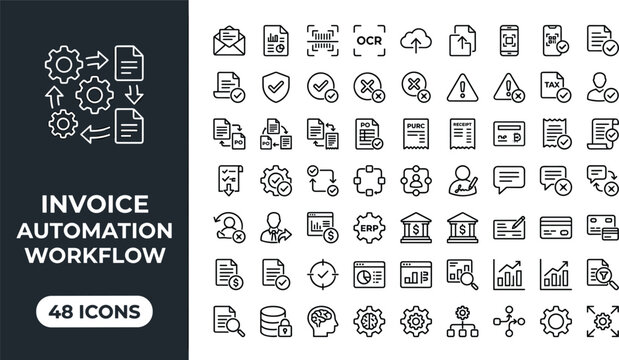 Invoice Automation Workflow Icon Set with OCR Document Processing Approval Validation and Payment Management Vector Illustration