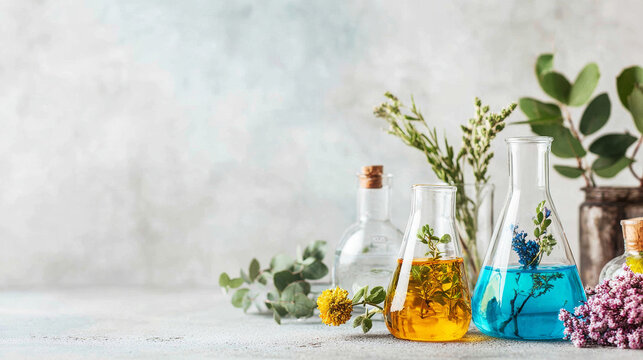 Laboratory glassware containing botanical elements and colorful liquids, scientific research with natural ingredients