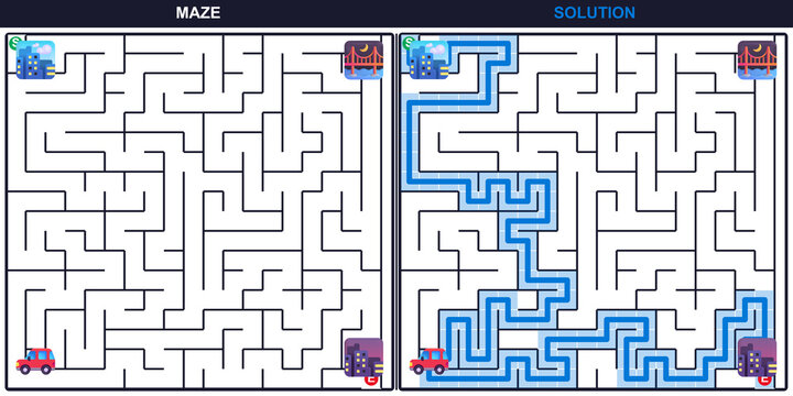 Maze puzzle with problem and solution. Red car navigates a labyrinth from start to finish. Strategy and logic game concept