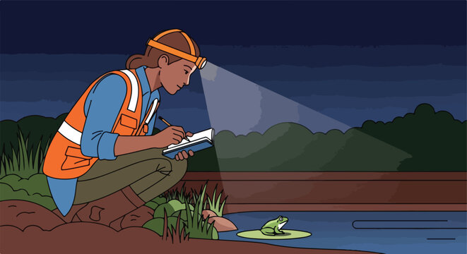 Researcher with headlamp observes and notes a frog on a lily pad by a pond at night