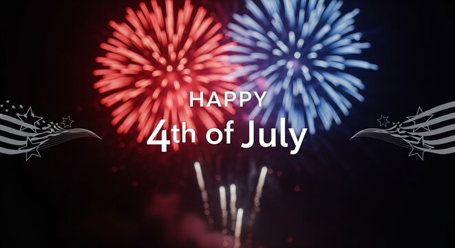 Happy 4th of July text overlay with red and blue fireworks exploding in the night sky and stylized American flag elements on the sides, celebrating Independence Day.