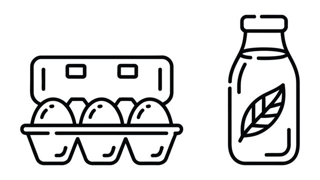 High quality vector of fresh dairy products icon with egg carton and milk bottle.