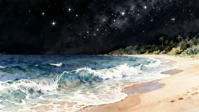 Starry night beach with turquoise waves and palm trees on sandy shore