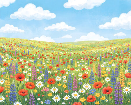 Illustrated meadow filled with colorful wildflowers on rolling green hills under a bright blue sky with fluffy white clouds
