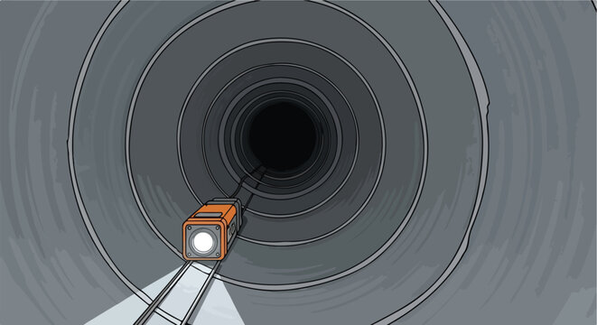 Orange device with bright light on rails explores dark, concentric industrial tunnel