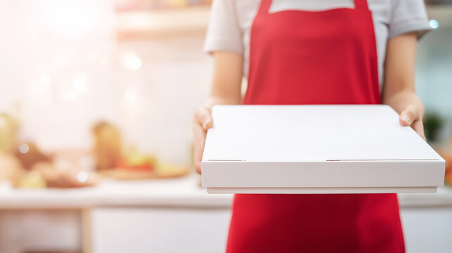 Person in red apron holding blank white pizza box, offering food delivery service or takeaway in kitchen setting