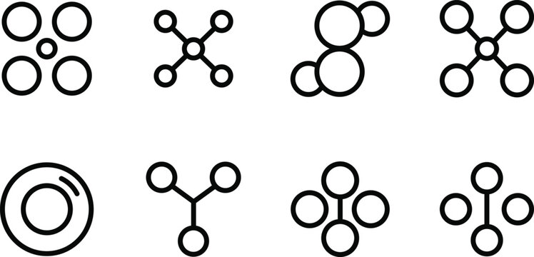 Black and white molecular structure diagrams with circles and lines connecting them