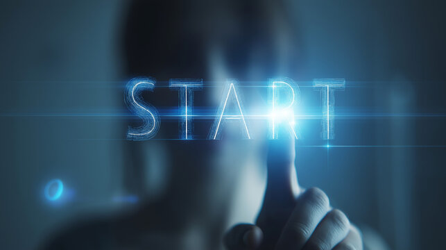 Person initiating new project touching glowing digital START button on a virtual interface, launching a beginning