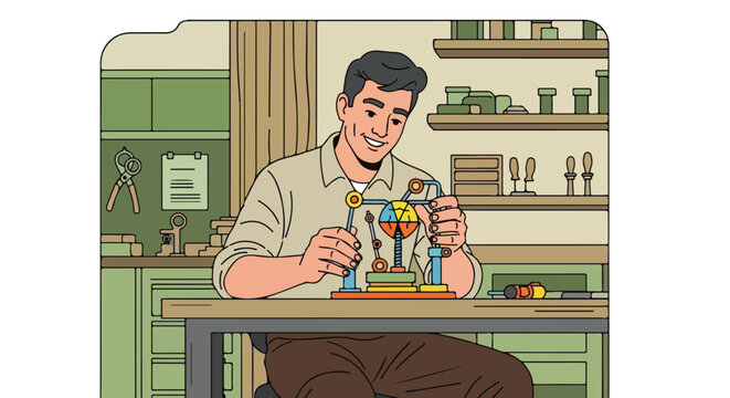 Smiling man assembles intricate, colorful model at workbench in a cluttered workshop
