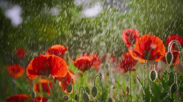 Red Poppies with Misty Spray in Sunlit Meadow