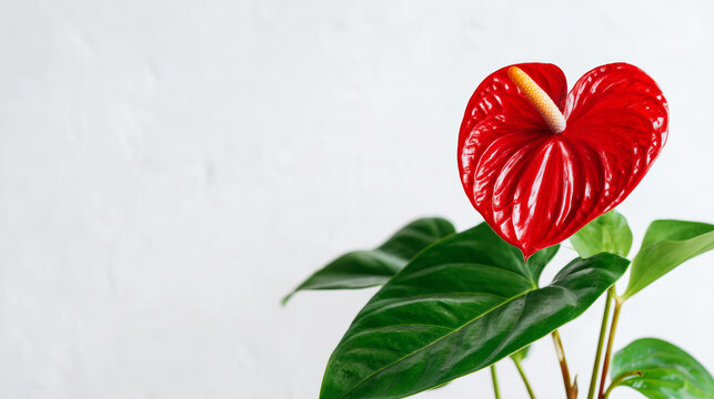 Red anthurium flower blossoming with glossy texture, elegant heart shape on a minimal white background, tropical beauty