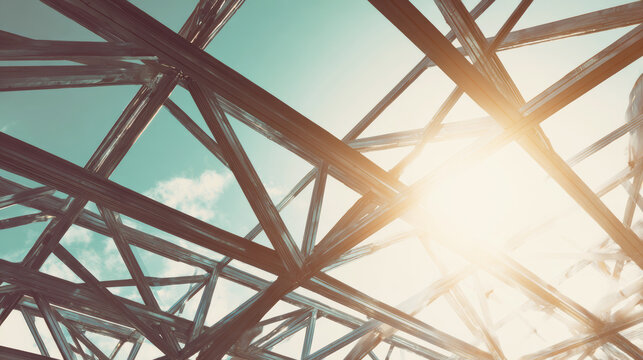 Steel roof truss framework forming an abstract geometric pattern against a blue sky, sun flare highlighting industrial construction