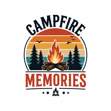 retro camping t-shirt, sunset stripes with fire icon, vintage bold typography &ldquo;Campfire Memories&rdquo;, solid colors
, T-shirt 