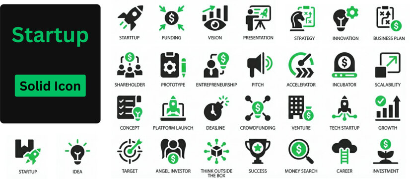 Solid vector of Startup icon set. Startup solid icon set. Business Startup and Entrepreneurship solid icon set. Includes symbols for Rocket Launch, Pitch Deck, Seed Funding, and Unicorn. 
